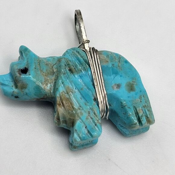 Native Sterling Silver Carved Turquoise Bear Totem Pendant 1.25 in by 1.25 in - Picture 1 of 4